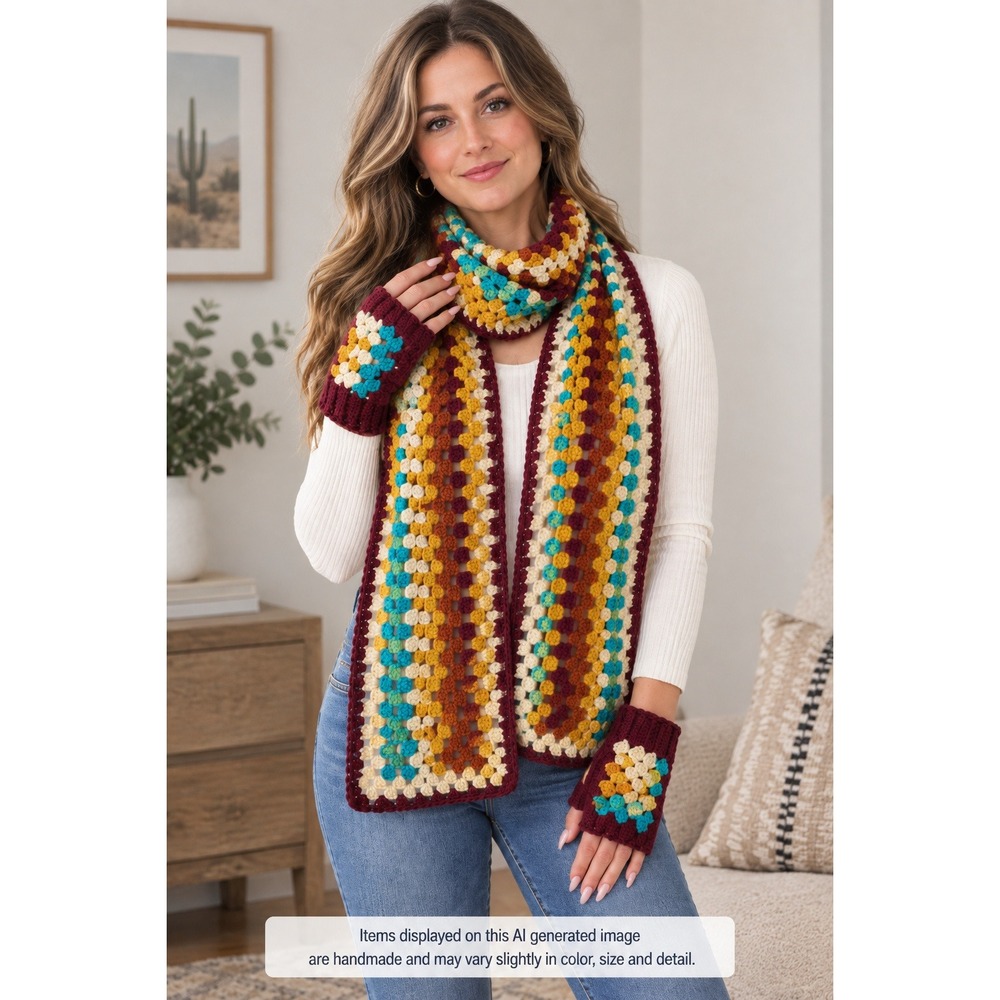 Handmade Crochet Scarf and Fingerless Gloves Set Granny Stitch Boho Chunky